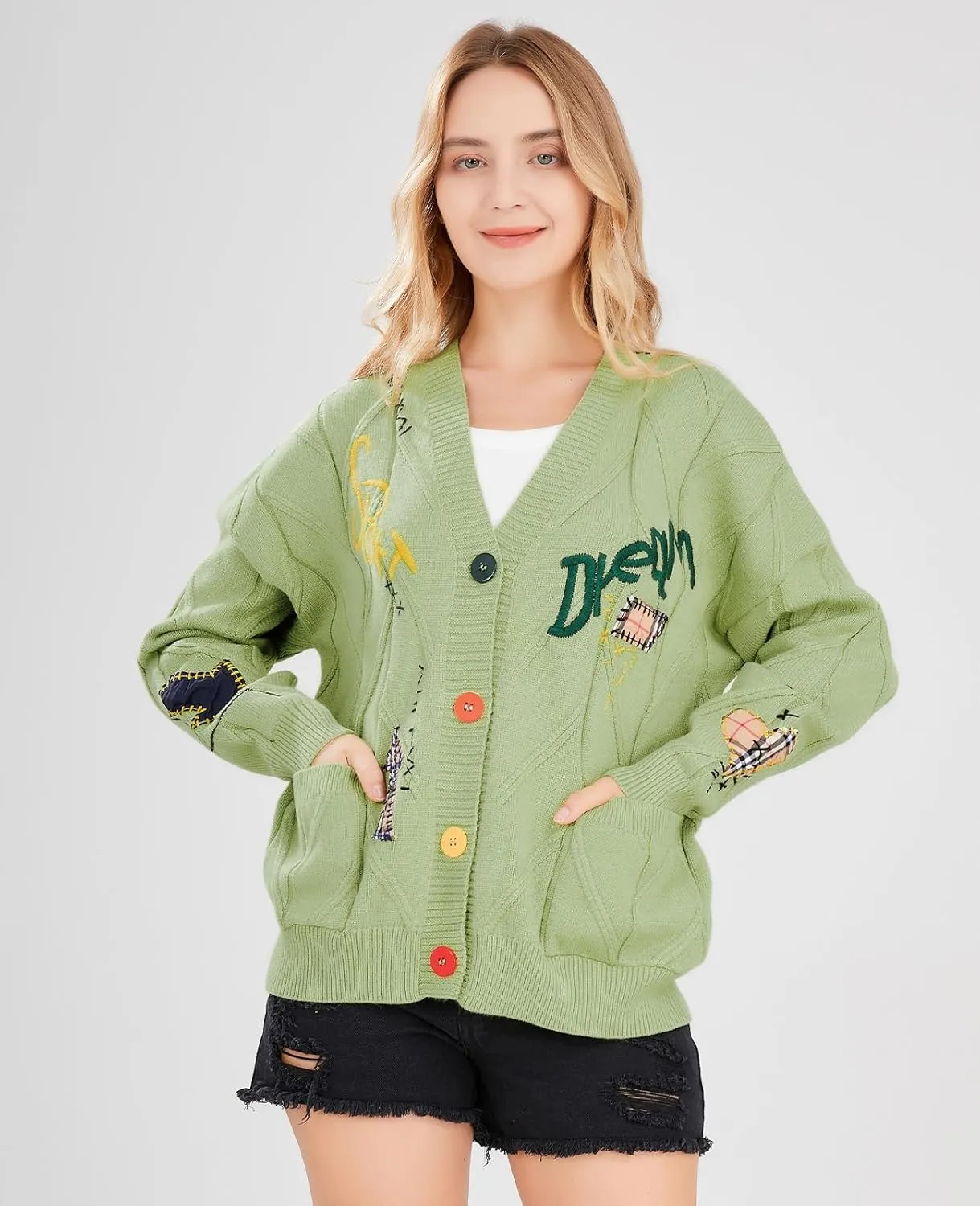 Women's Cable Knit Long Sleeve Open Front Cardigan Sheep V-Neck Button Down Embroidery Wool Blend Sweater Coat Outwear