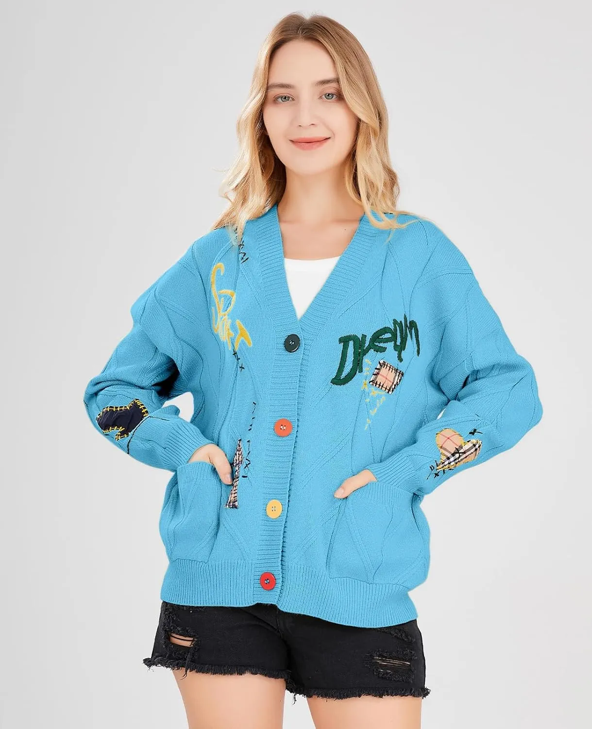 Women's Cable Knit Long Sleeve Open Front Cardigan Sheep V-Neck Button Down Embroidery Wool Blend Sweater Coat Outwear