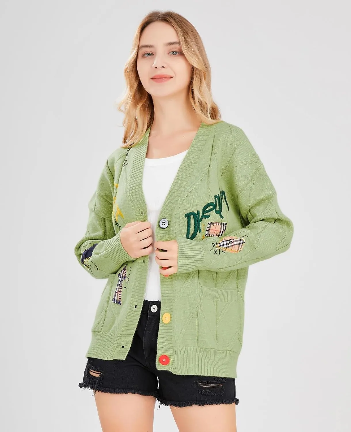 Women's Cable Knit Long Sleeve Open Front Cardigan Sheep V-Neck Button Down Embroidery Wool Blend Sweater Coat Outwear