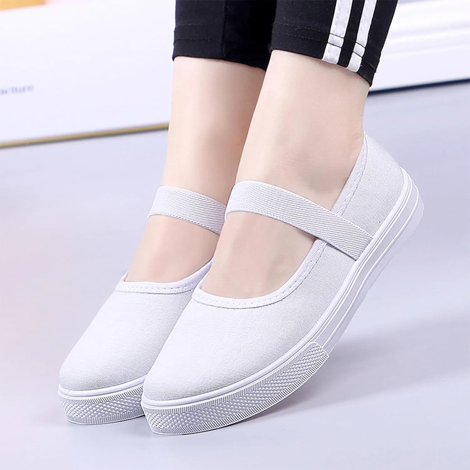 Women's Canvas Mary Jane Flats Shoes Round Toe Lightweight Orthotic Shoes with Arch Support Comfort Casual Nurse Work Flats