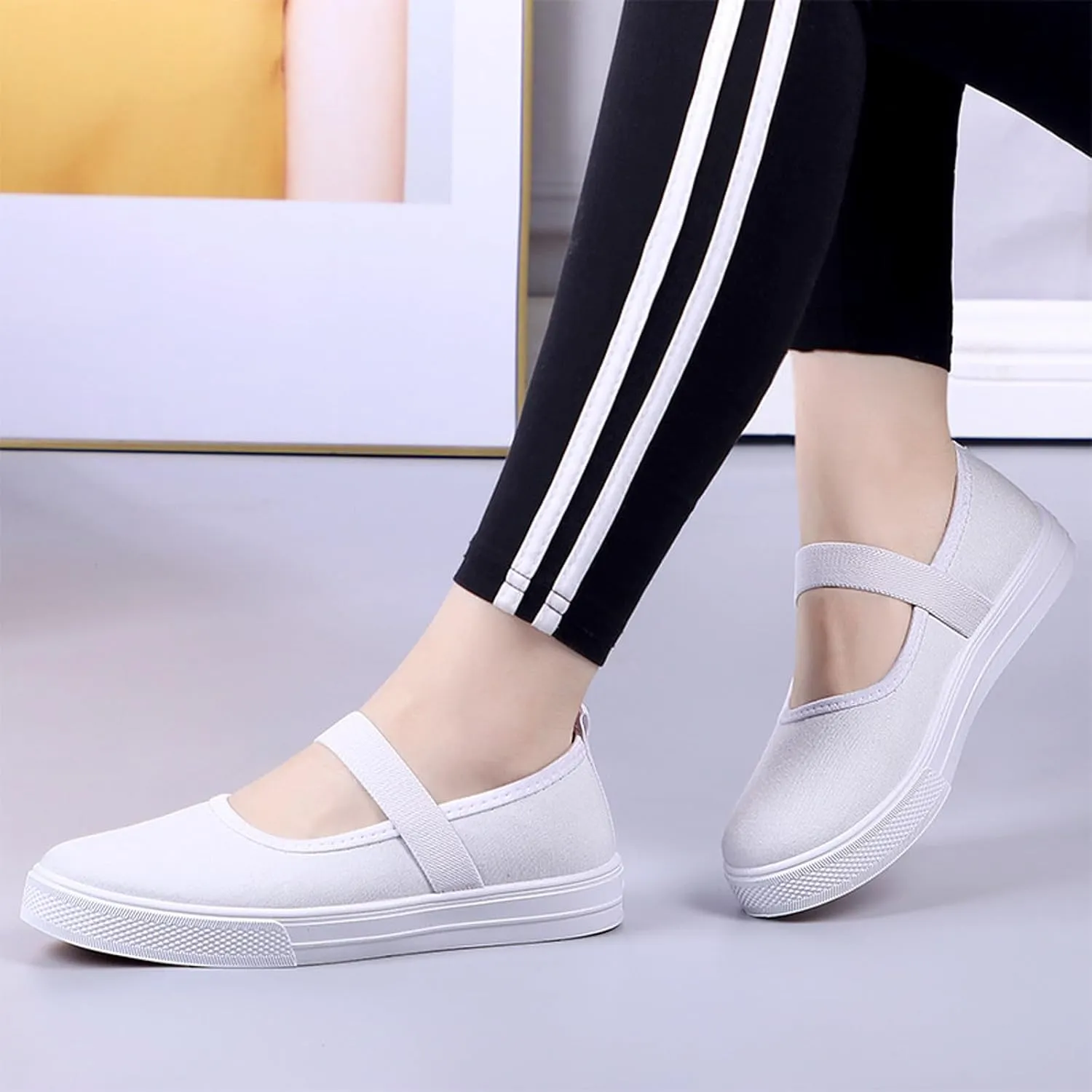 Women's Canvas Mary Jane Flats Shoes Round Toe Lightweight Orthotic Shoes with Arch Support Comfort Casual Nurse Work Flats