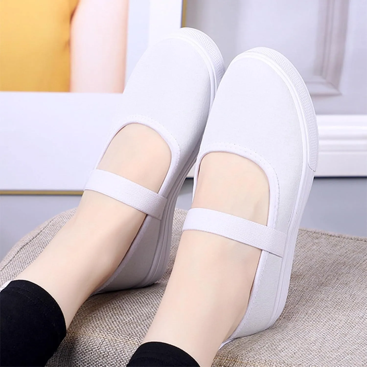 Women's Canvas Mary Jane Flats Shoes Round Toe Lightweight Orthotic Shoes with Arch Support Comfort Casual Nurse Work Flats