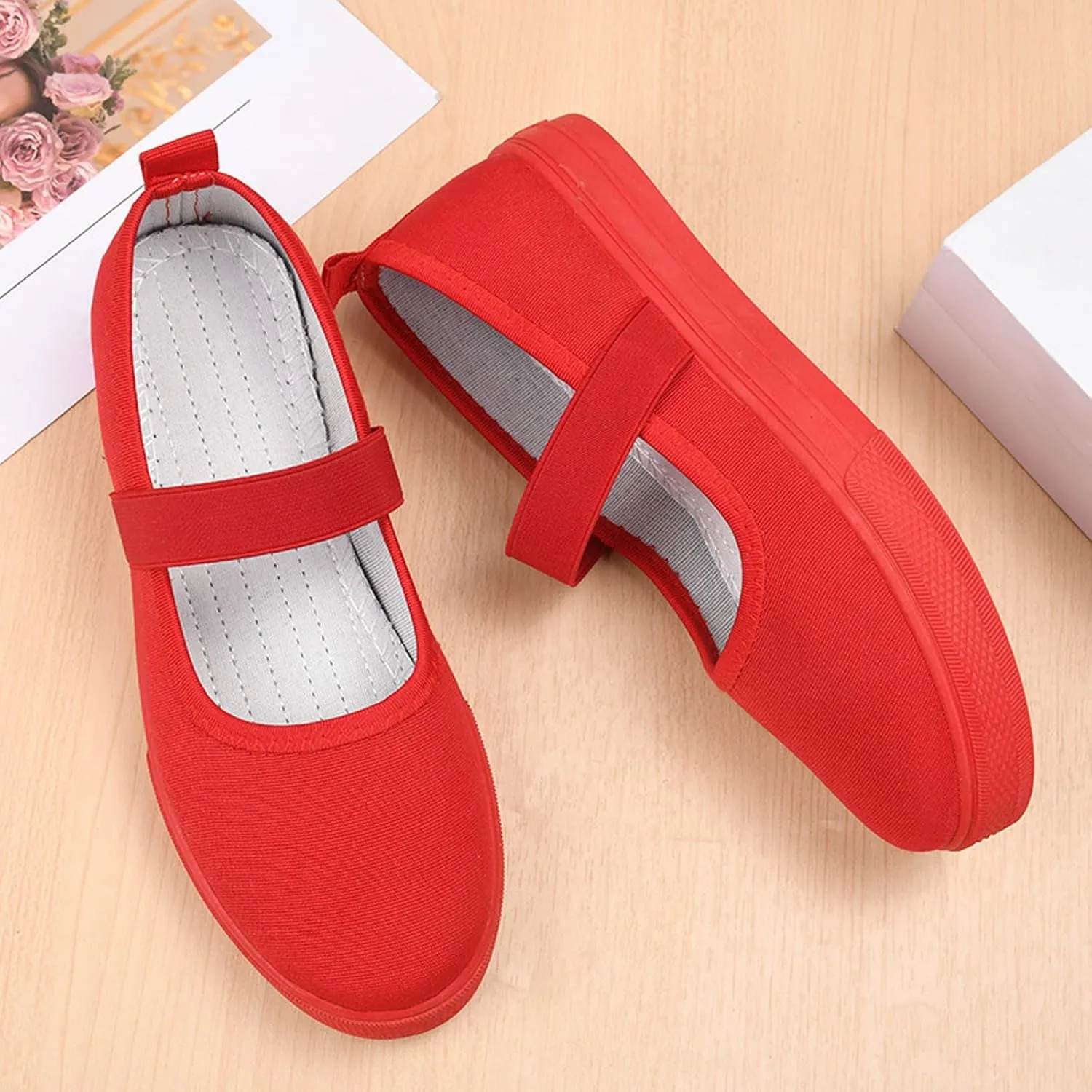 Women's Canvas Mary Jane Flats Shoes Round Toe Lightweight Orthotic Shoes with Arch Support Comfort Casual Nurse Work Flats
