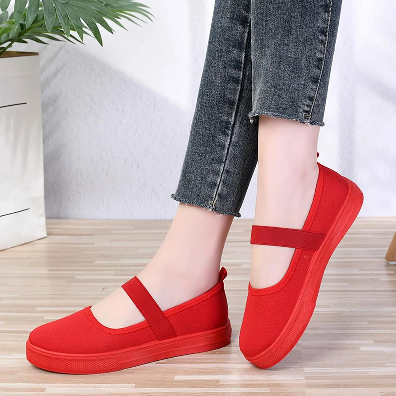 Women's Canvas Mary Jane Flats Shoes Round Toe Lightweight Orthotic Shoes with Arch Support Comfort Casual Nurse Work Flats