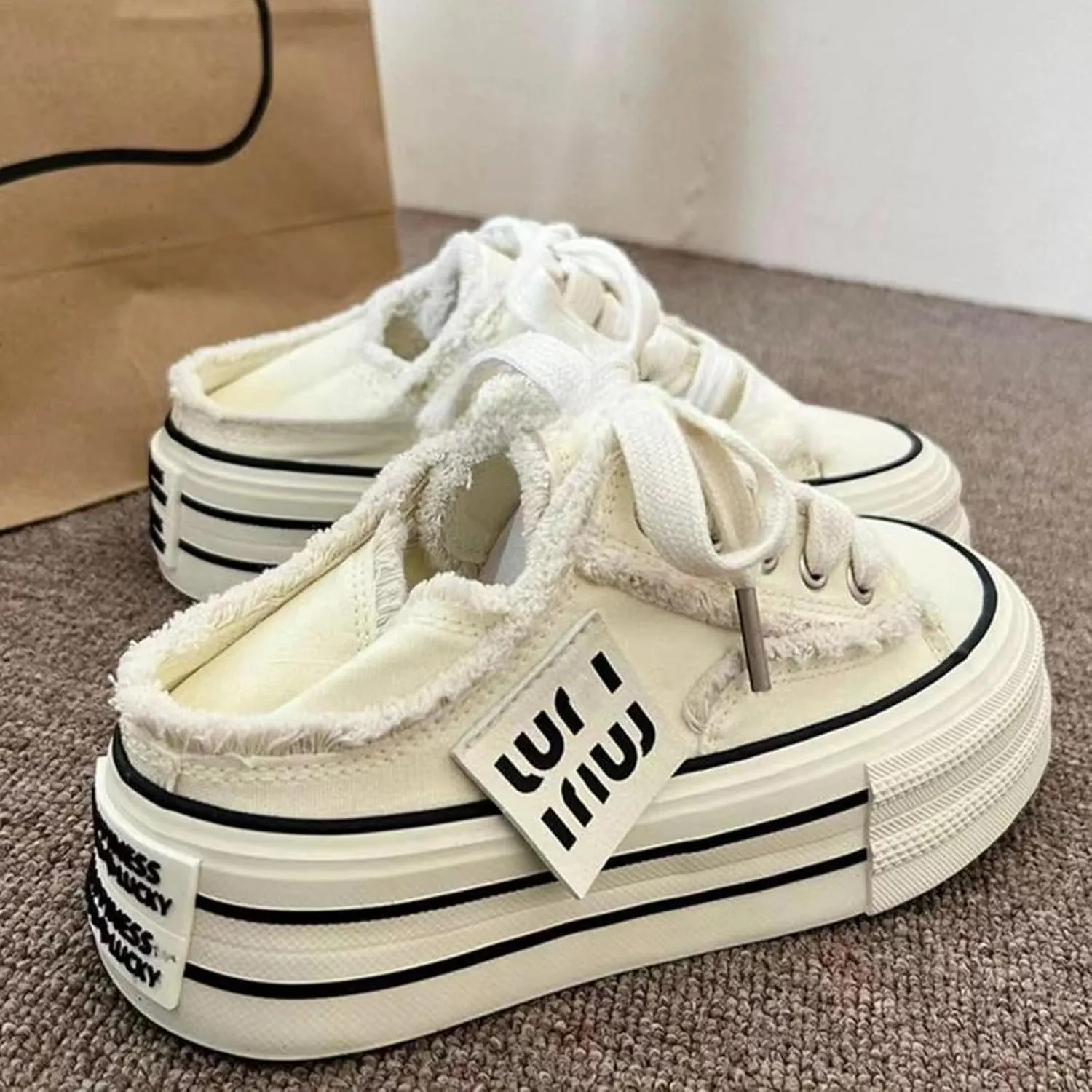 Womens Canvas Mules Sneakers Platform Slip on and Pull on Two-wear Shoes Y2K