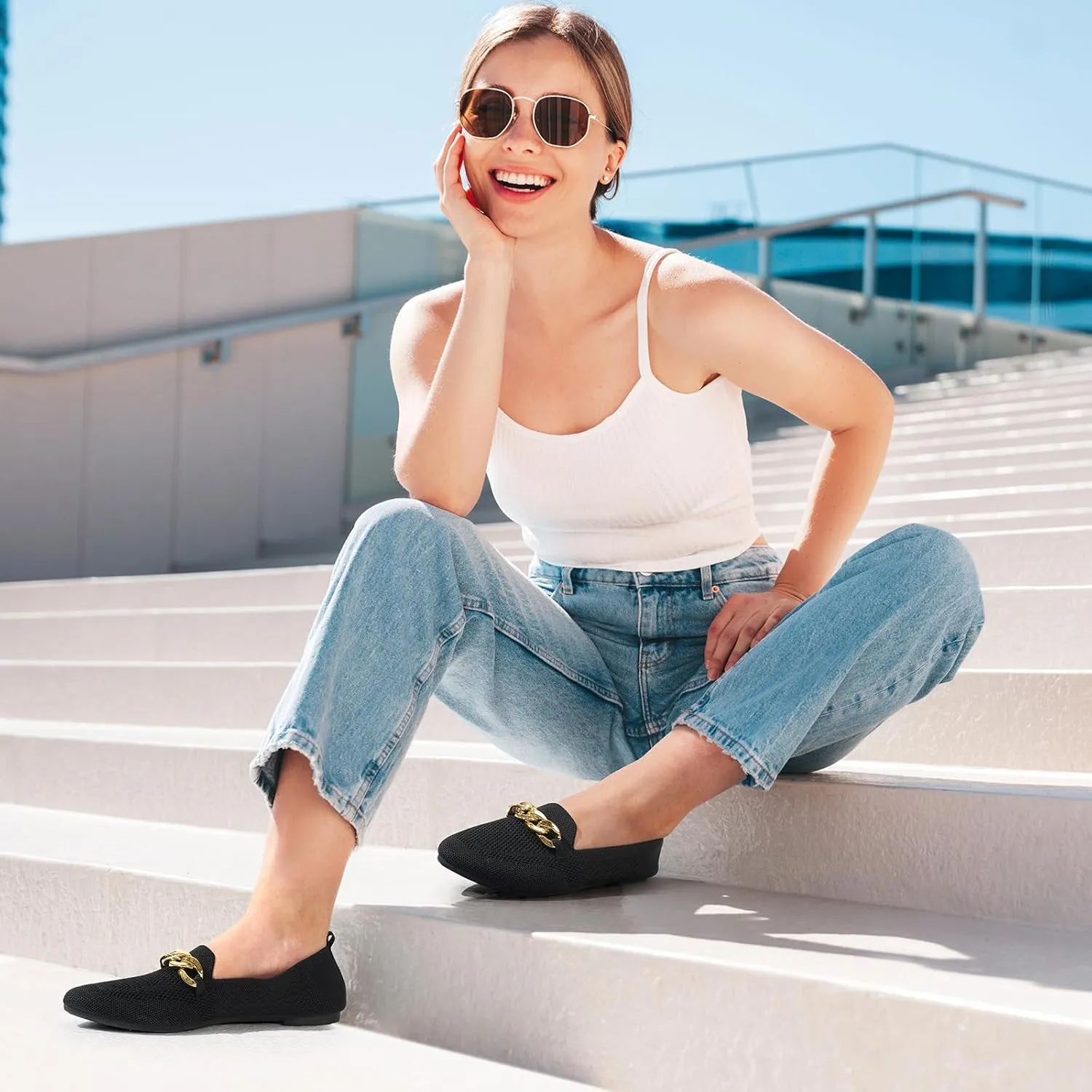 Womens Casual Loafers Comfortable Breathable Knit Loafers Lightweight Pointed Toe Flats for Women