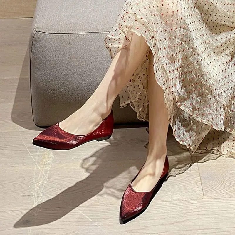 Women's Casual Shiny Ballets Closed Toe Simple Flats Shoes Pointed Toe Dress Flats