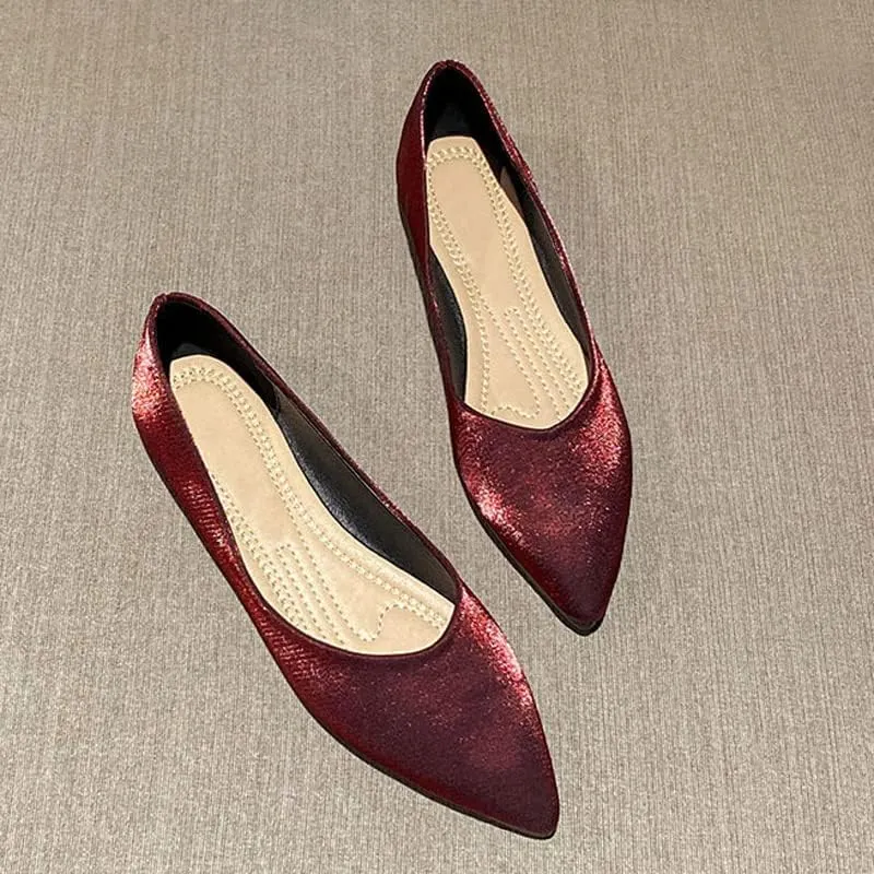 Women's Casual Shiny Ballets Closed Toe Simple Flats Shoes Pointed Toe Dress Flats