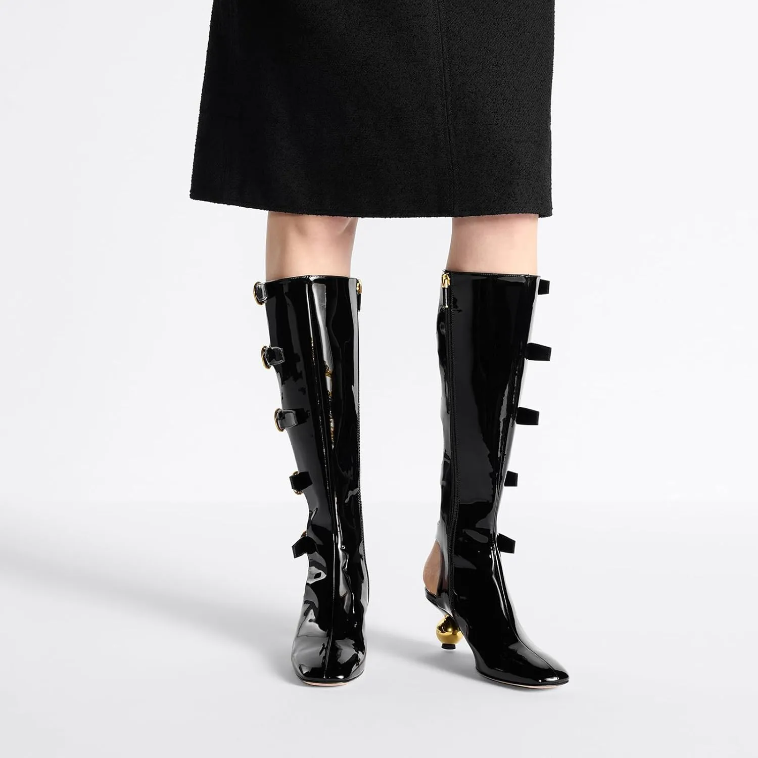 Women's Chunky Heel Boots with Gold Buckle Detail - Knee High & Ankle Boots Kitten heels Slip On Black Patent Leather Fashion Boots