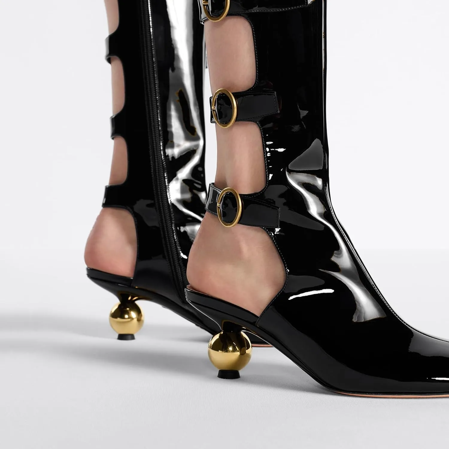 Women's Chunky Heel Boots with Gold Buckle Detail - Knee High & Ankle Boots Kitten heels Slip On Black Patent Leather Fashion Boots