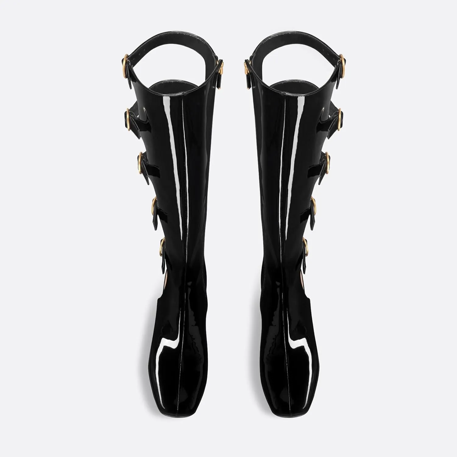 Women's Chunky Heel Boots with Gold Buckle Detail - Knee High & Ankle Boots Kitten heels Slip On Black Patent Leather Fashion Boots