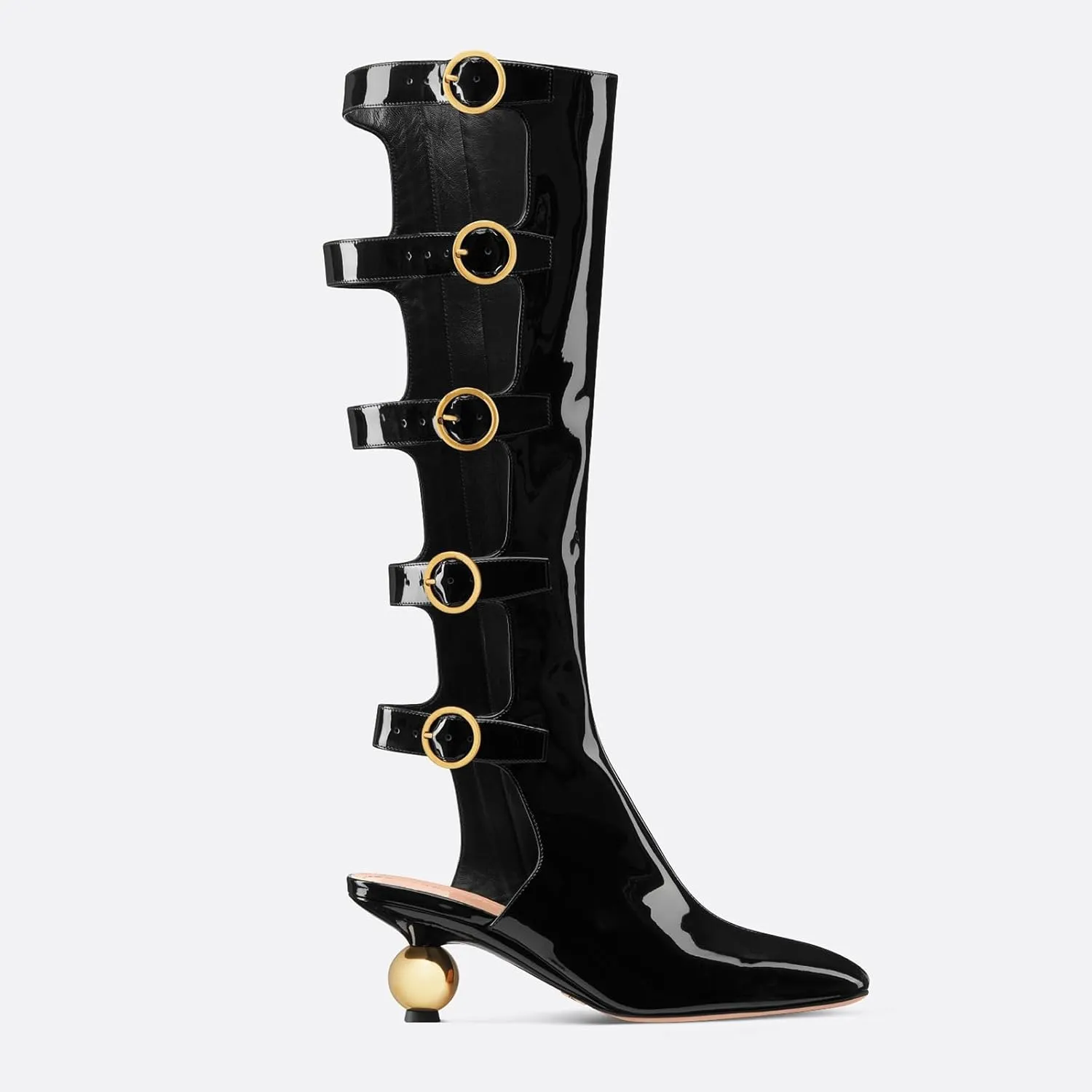 Women's Chunky Heel Boots with Gold Buckle Detail - Knee High & Ankle Boots Kitten heels Slip On Black Patent Leather Fashion Boots