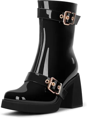 Women's Chunky Heel Square Toe Platform Buckle Strap Mid Calf Boots