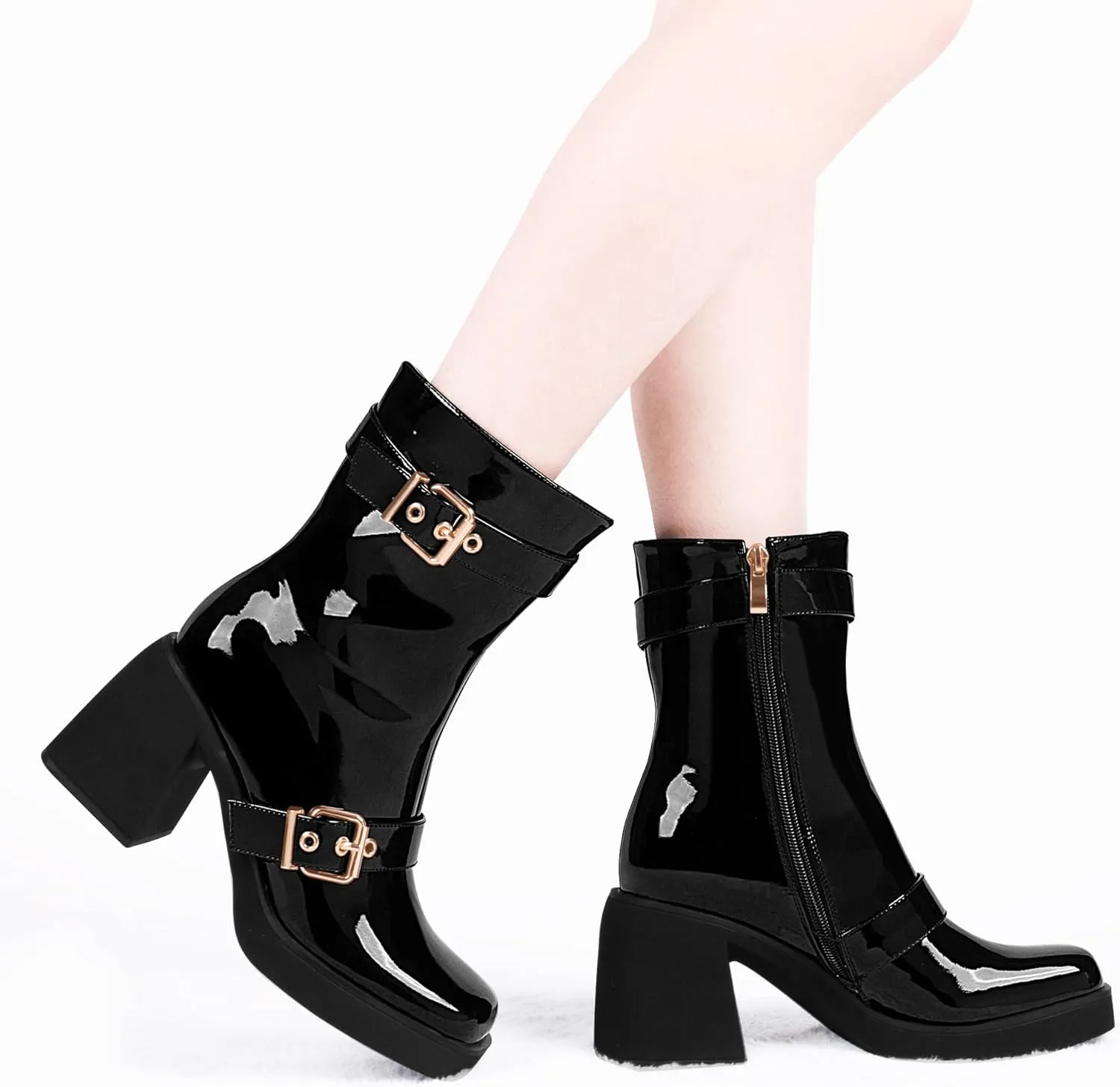 Women's Chunky Heel Square Toe Platform Buckle Strap Mid Calf Boots