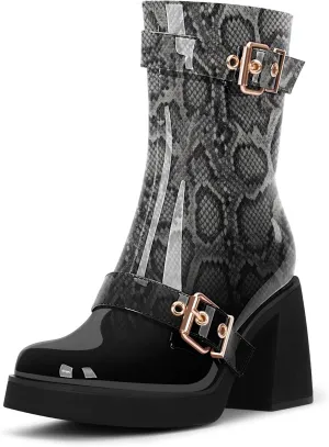 Women's Chunky Heel Square Toe Platform Buckle Strap Mid Calf Boots