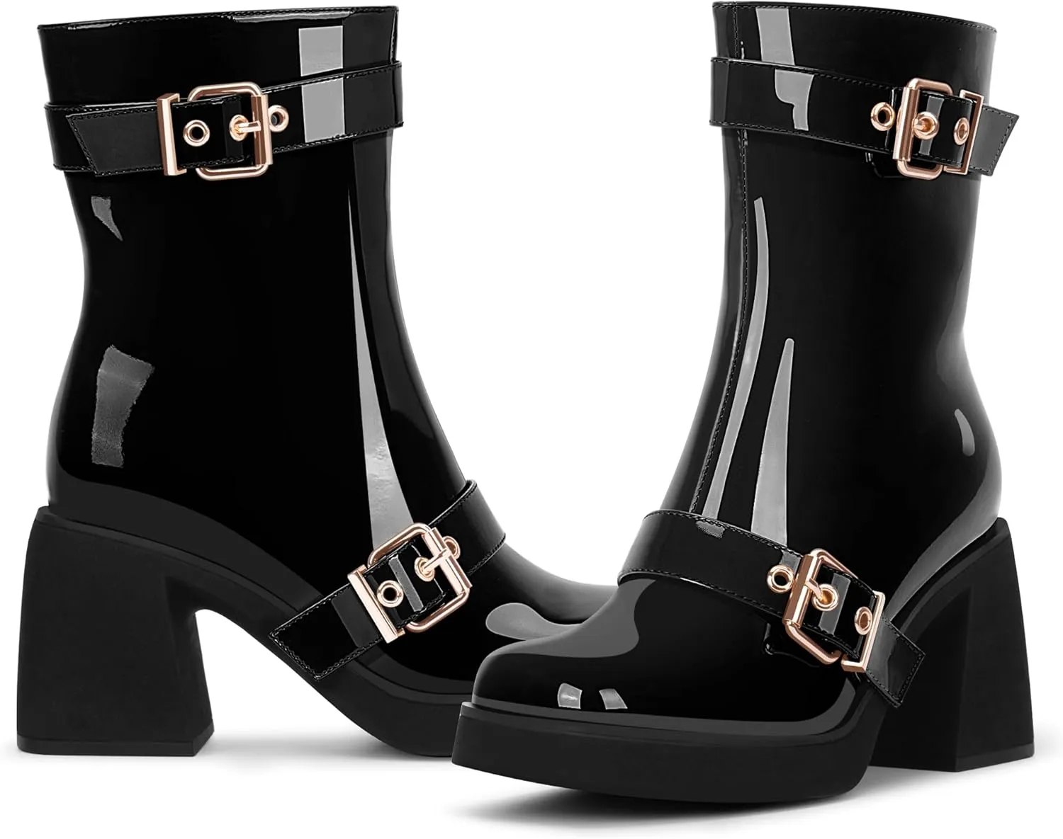 Women's Chunky Heel Square Toe Platform Buckle Strap Mid Calf Boots