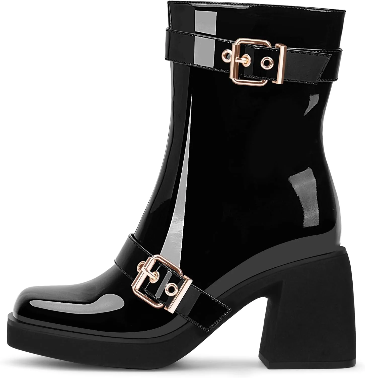 Women's Chunky Heel Square Toe Platform Buckle Strap Mid Calf Boots