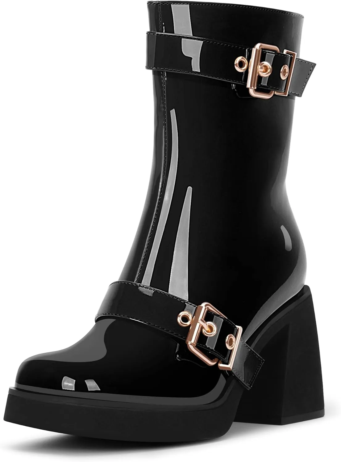 Women's Chunky Heel Square Toe Platform Buckle Strap Mid Calf Boots