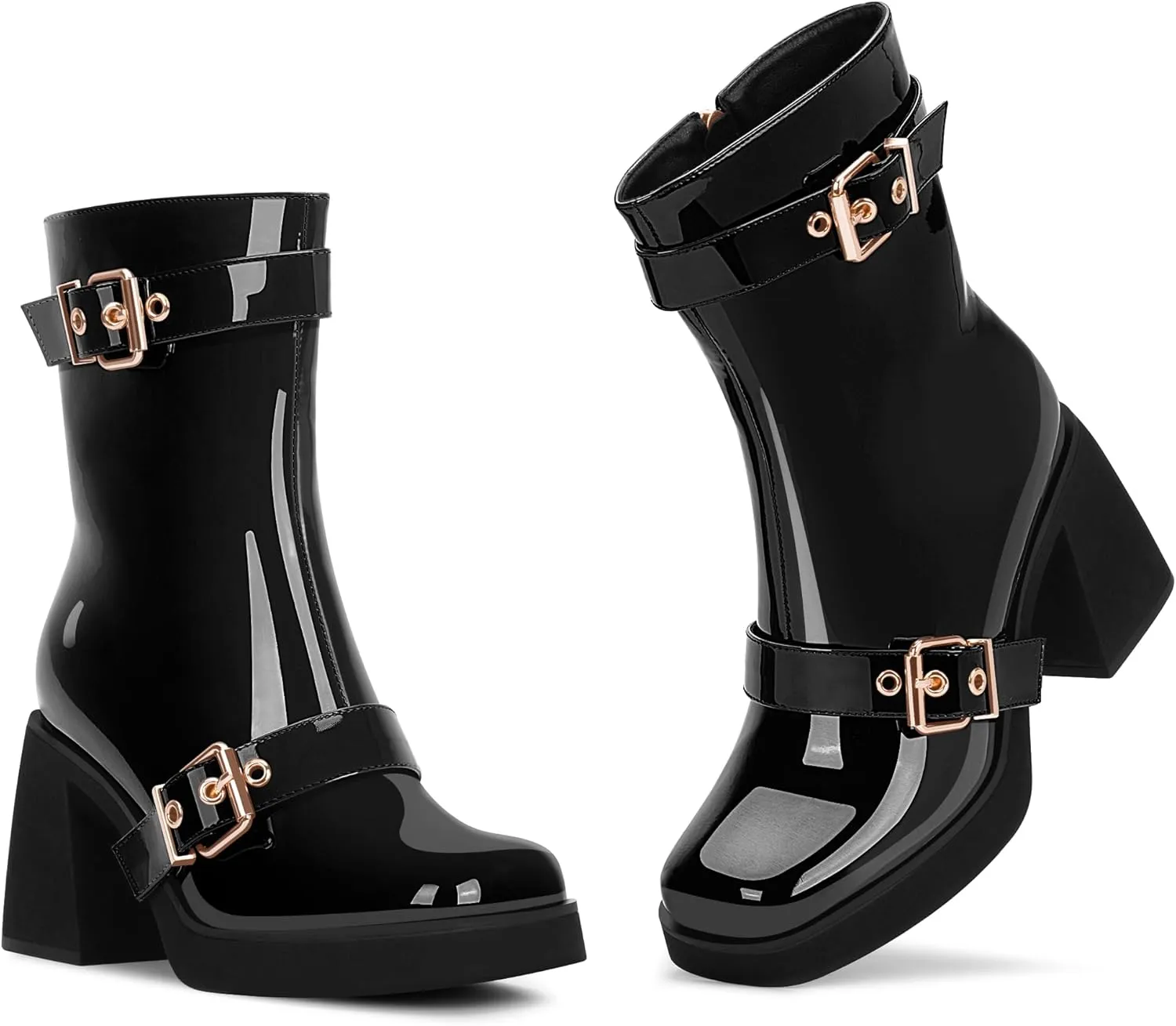 Women's Chunky Heel Square Toe Platform Buckle Strap Mid Calf Boots
