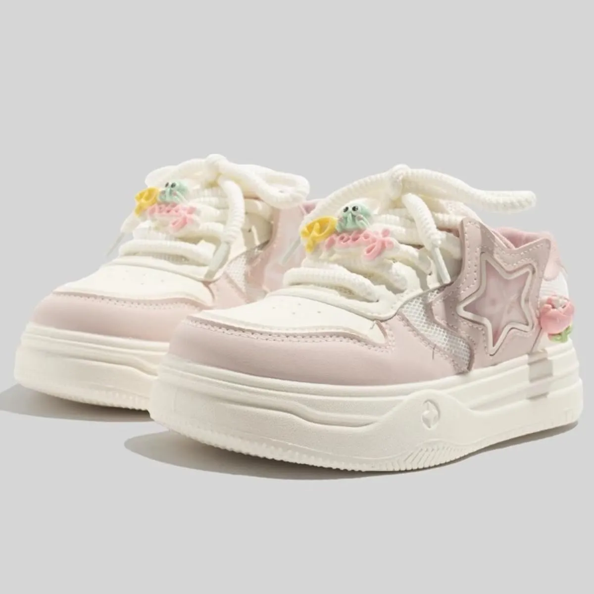 Women's Chunky Platform Sneakers Low-top Star Skate Walking Shoes with Accessories Patchwork Cow Print Casual Student