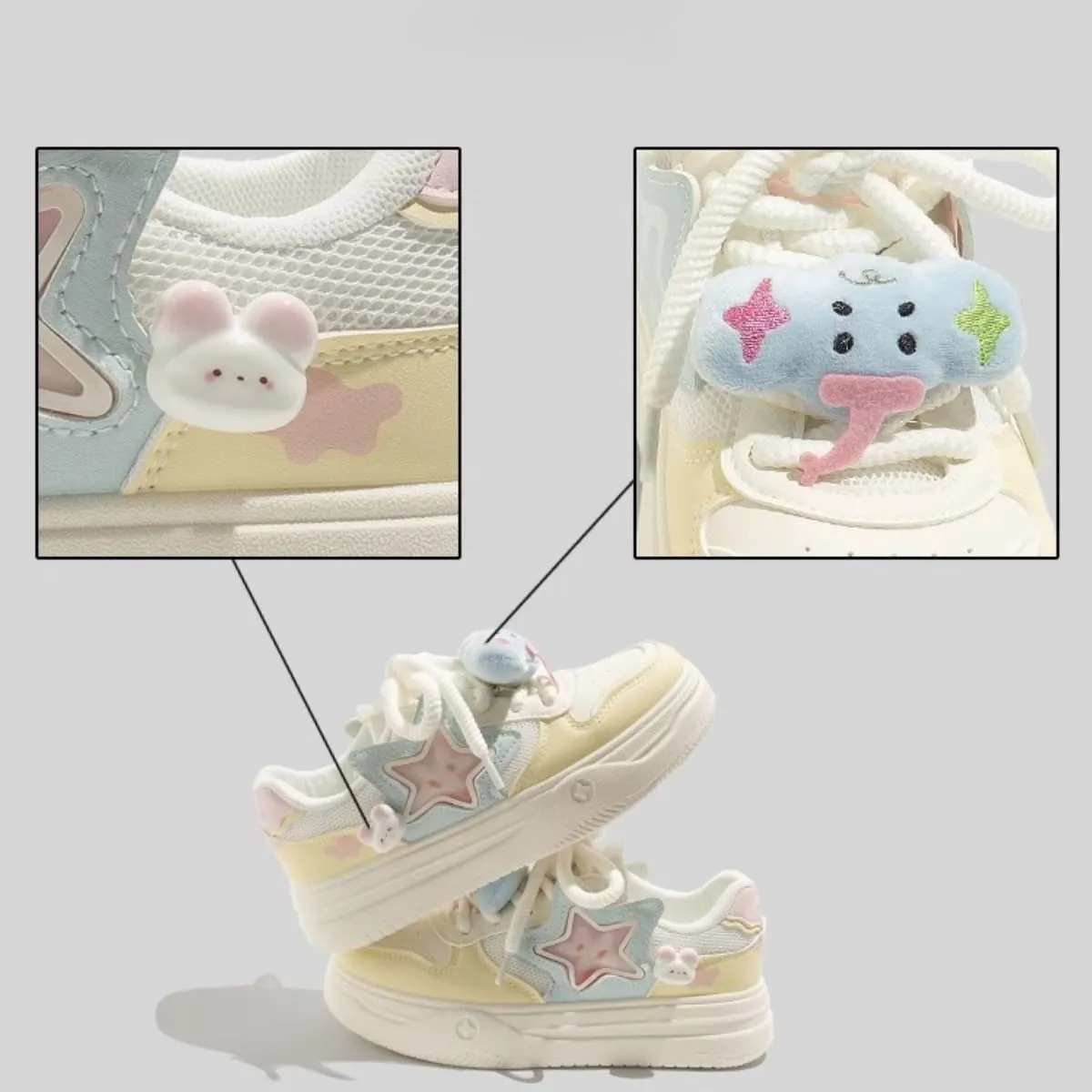 Women's Chunky Platform Sneakers Low-top Star Skate Walking Shoes with Accessories Patchwork Cow Print Casual Student