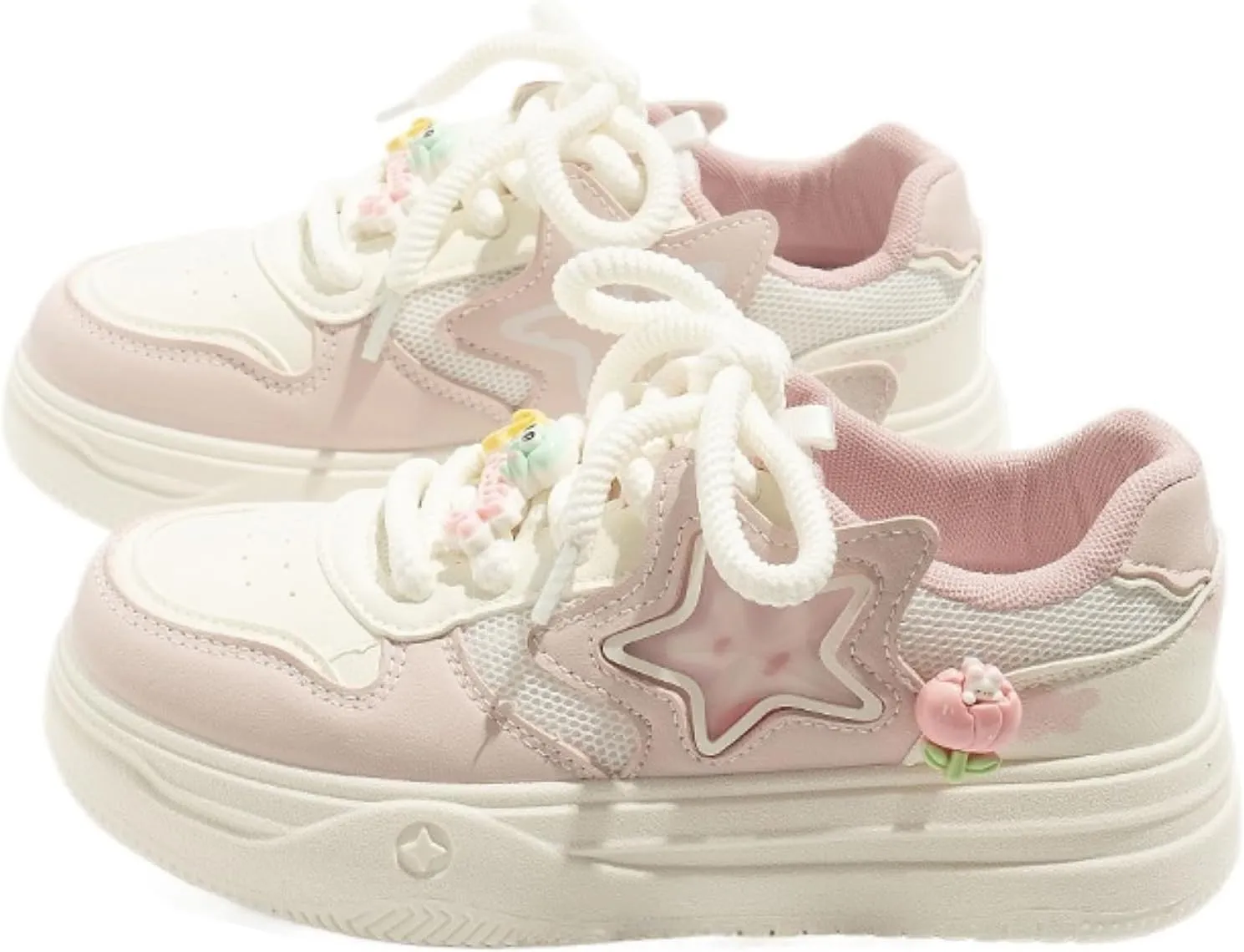 Women's Chunky Platform Sneakers Low-top Star Skate Walking Shoes with Accessories Patchwork Cow Print Casual Student