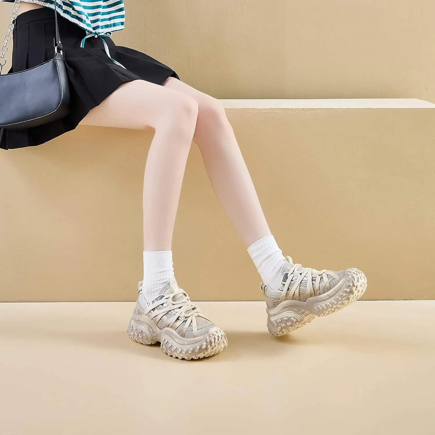 Women's Chunky Platform Sneakers Retro Mesh Lace-Up Walking Shoes Everyday Casual Athletic Shoes