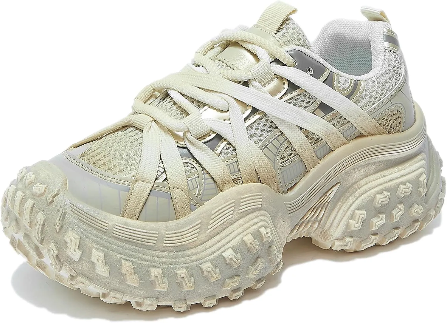 Women's Chunky Platform Sneakers Retro Mesh Lace-Up Walking Shoes Everyday Casual Athletic Shoes