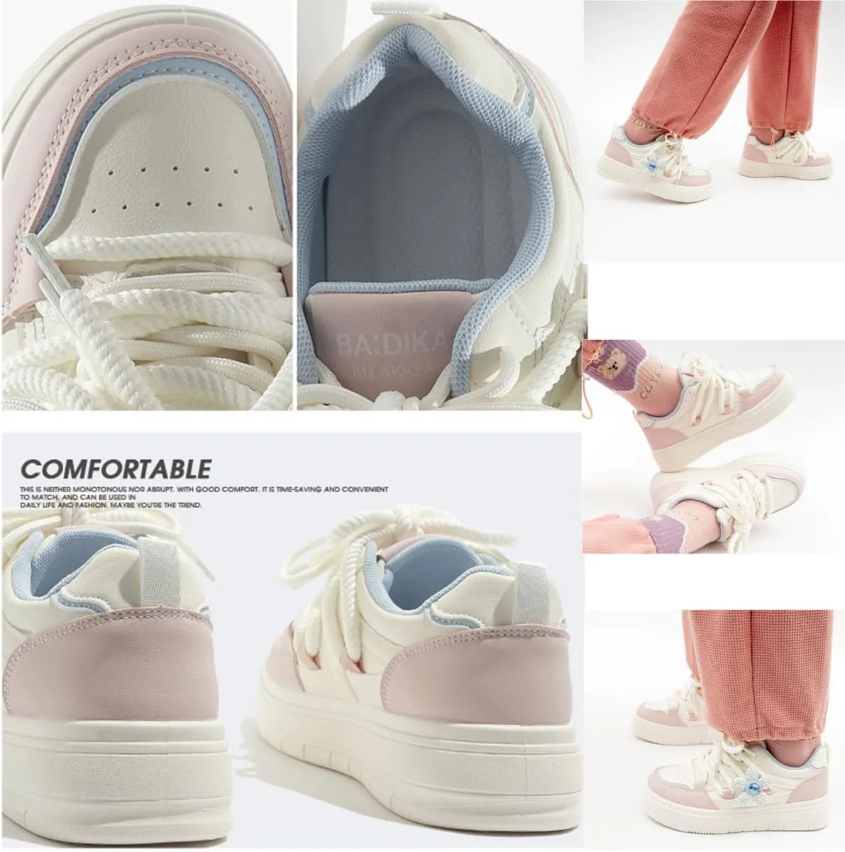 Women's Chunky Platform Sneakers with Knitted Flower Charm Girl's Preppy Sport Walking Skate Shoes Lace Up for Students