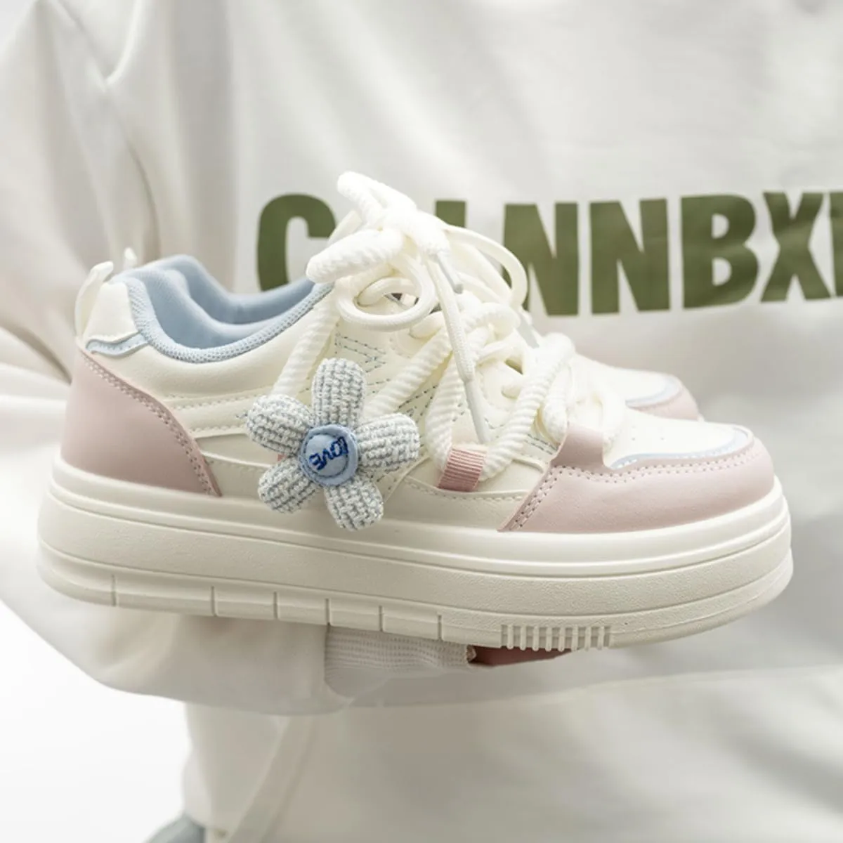 Women's Chunky Platform Sneakers with Knitted Flower Charm Girl's Preppy Sport Walking Skate Shoes Lace Up for Students