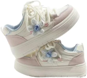 Women's Chunky Platform Sneakers with Knitted Flower Charm Girl's Preppy Sport Walking Skate Shoes Lace Up for Students