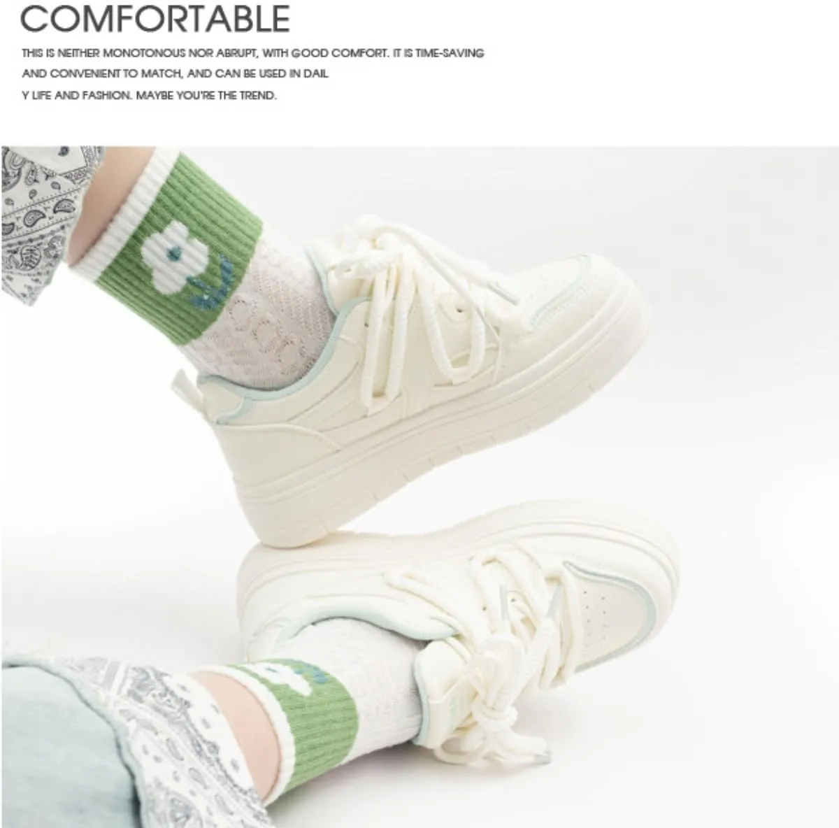 Women's Chunky Platform Sneakers with Knitted Flower Charm Girl's Preppy Sport Walking Skate Shoes Lace Up for Students