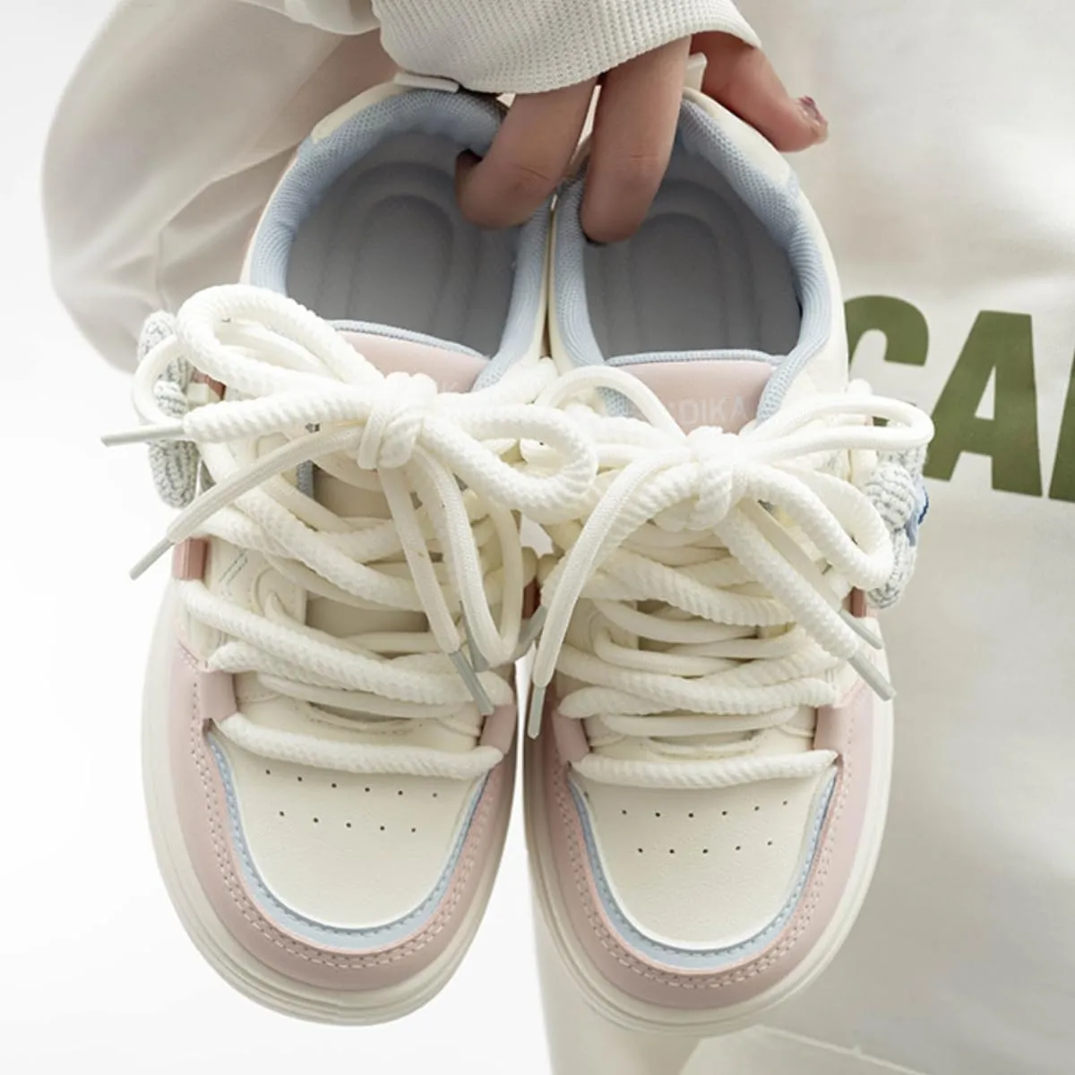 Women's Chunky Platform Sneakers with Knitted Flower Charm Girl's Preppy Sport Walking Skate Shoes Lace Up for Students
