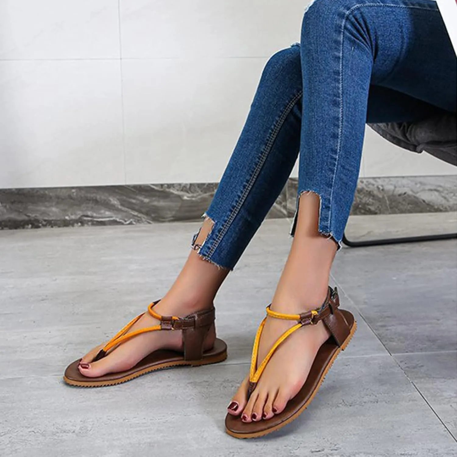 Women’s Classic Retro T-Strap Sandals Summer Beach Thong Flats with Adjustable Buckle Casual Soft Dressy Sandal