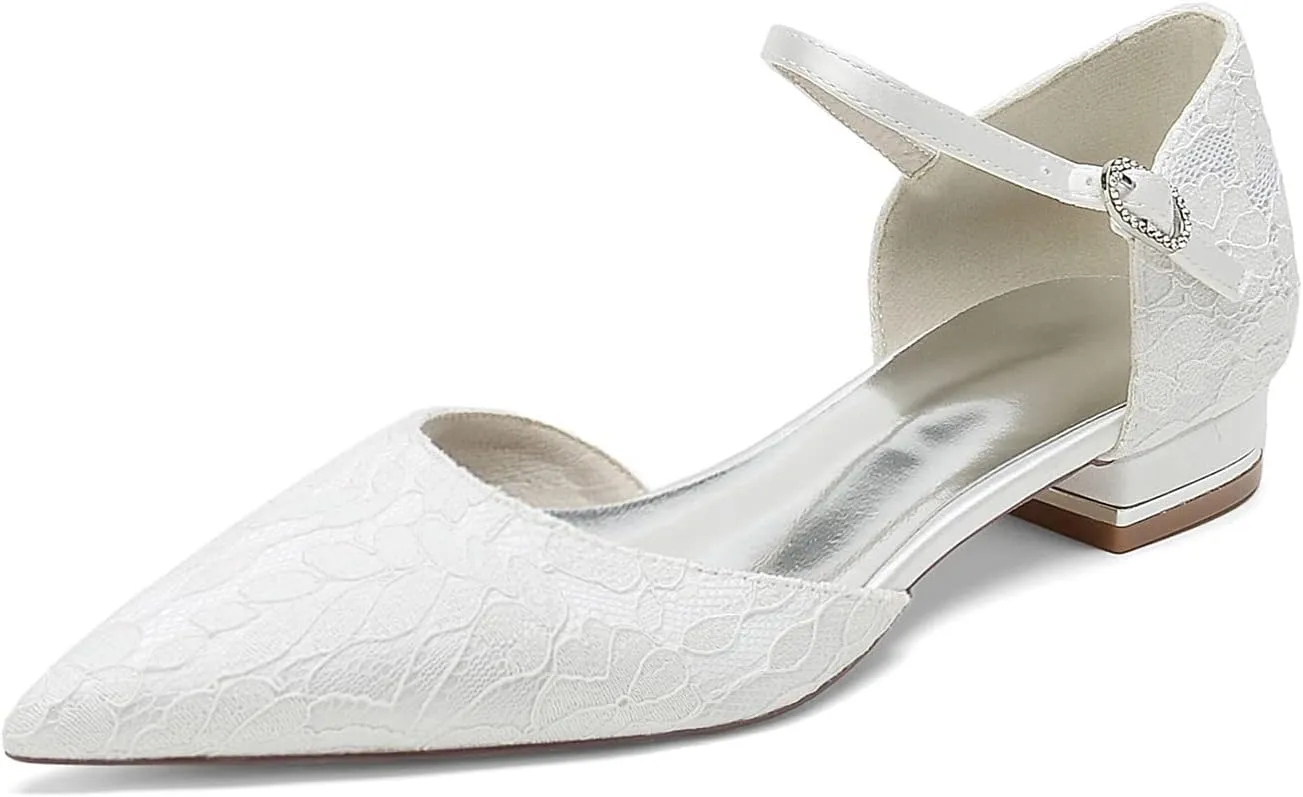 Womens Closed Pointed Toe Low Heels Flat Bridal Shoes for Wedding Lace Dress Shoes for Bride Low Block Heel Flats Pumps Bridesmaids