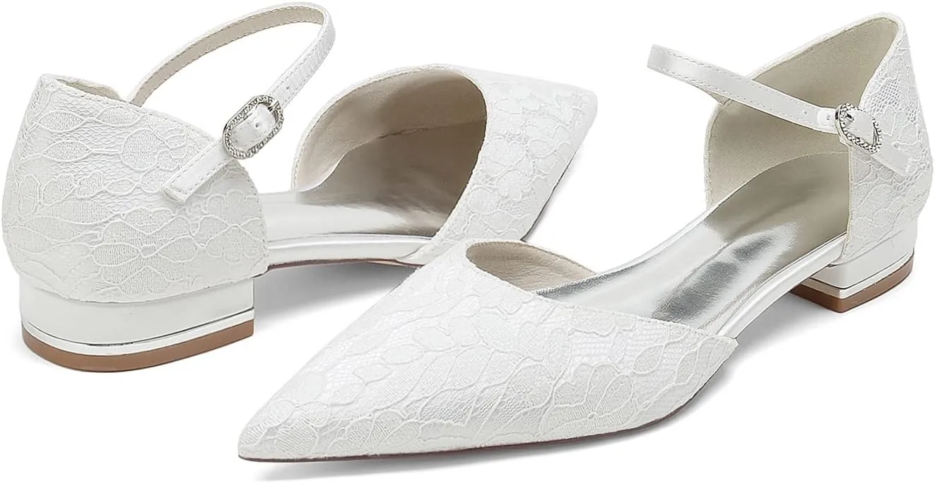 Womens Closed Pointed Toe Low Heels Flat Bridal Shoes for Wedding Lace Dress Shoes for Bride Low Block Heel Flats Pumps Bridesmaids