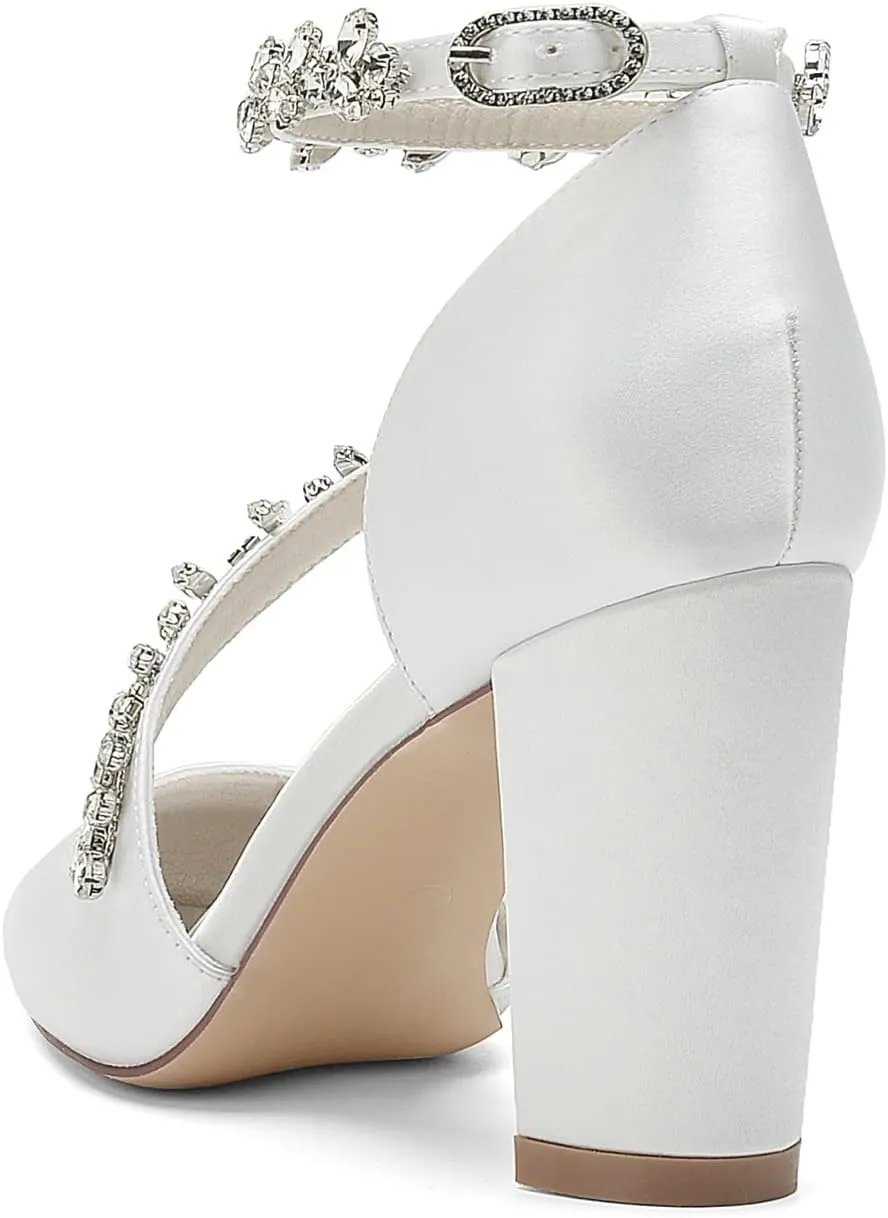 Women's Closed Toe Satin High Heels Chunky Block Ankle Strap Rhinestones Wedding Pumps Prom Evening Party Dress Shoes Sandal