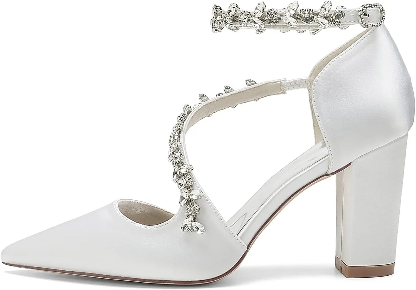 Women's Closed Toe Satin High Heels Chunky Block Ankle Strap Rhinestones Wedding Pumps Prom Evening Party Dress Shoes Sandal