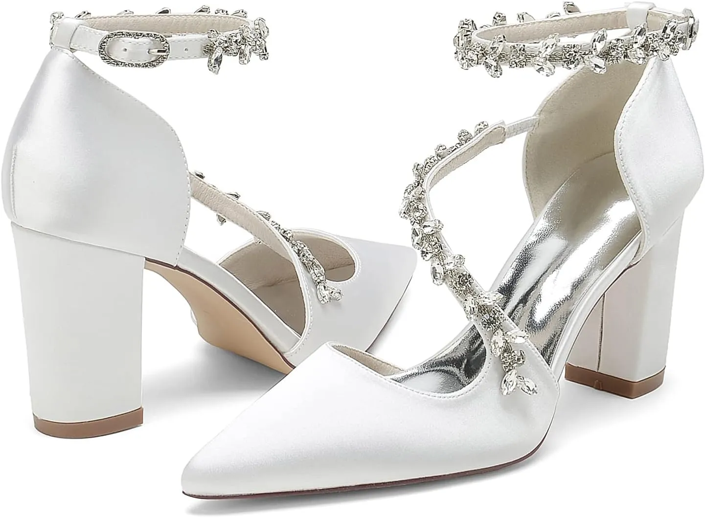 Women's Closed Toe Satin High Heels Chunky Block Ankle Strap Rhinestones Wedding Pumps Prom Evening Party Dress Shoes Sandal