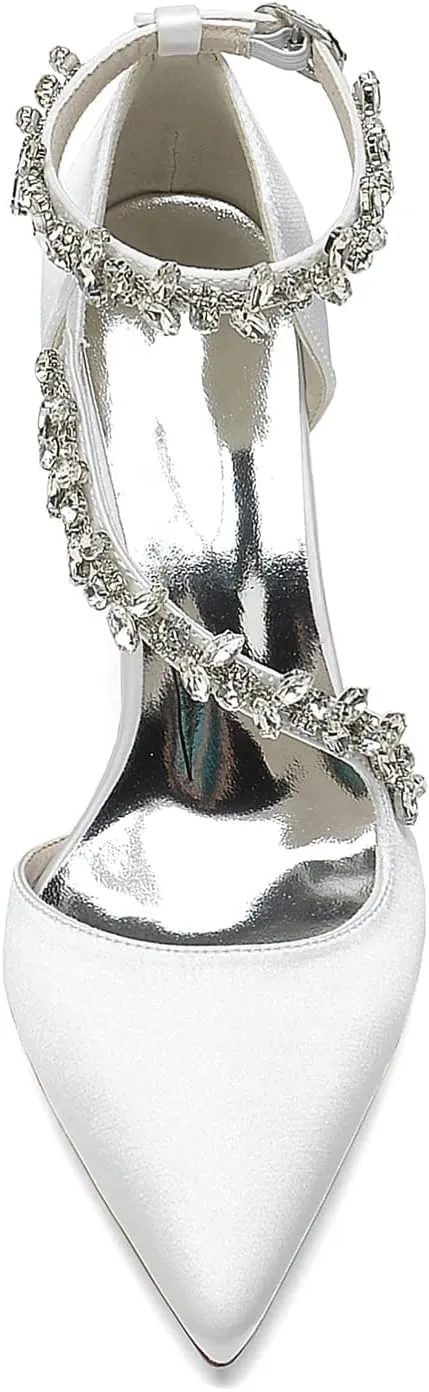 Women's Closed Toe Satin High Heels Chunky Block Ankle Strap Rhinestones Wedding Pumps Prom Evening Party Dress Shoes Sandal