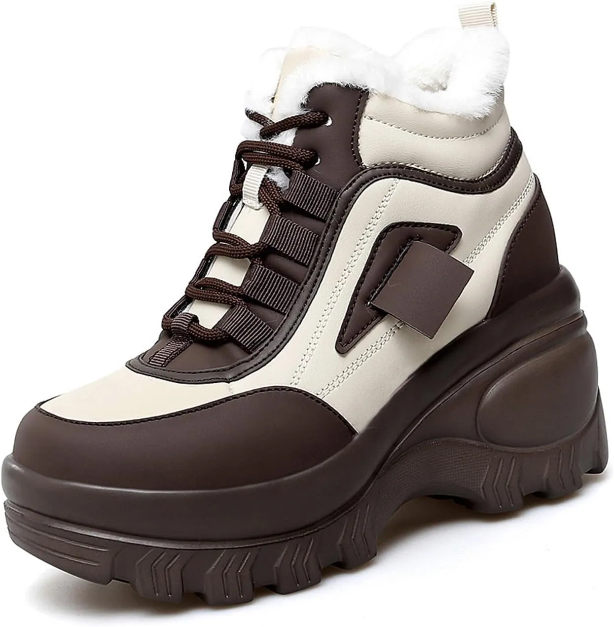 Women's Color Matching Platform Casual Sneakers Retro Round Head Plus Velvet Warm Chunky Non-Slip Fashion Lace-Up Dad Shoes Comfortable Wedge Heel Walking Sneakers