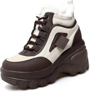 Women's Color Matching Platform Casual Sneakers Retro Round Head Plus Velvet Warm Chunky Non-Slip Fashion Lace-Up Dad Shoes Comfortable Wedge Heel Walking Sneakers
