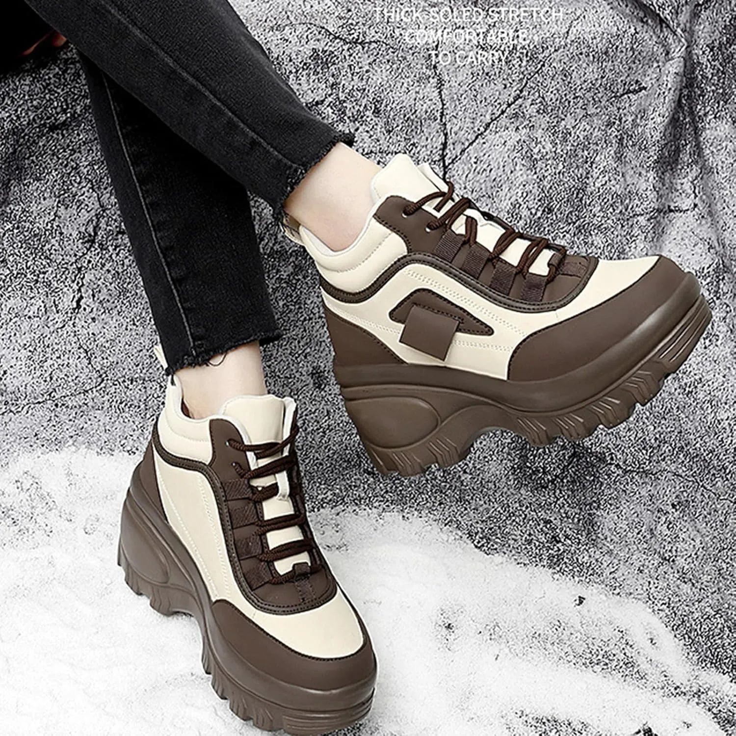 Women's Color Matching Platform Casual Sneakers Retro Round Head Plus Velvet Warm Chunky Non-Slip Fashion Lace-Up Dad Shoes Comfortable Wedge Heel Walking Sneakers