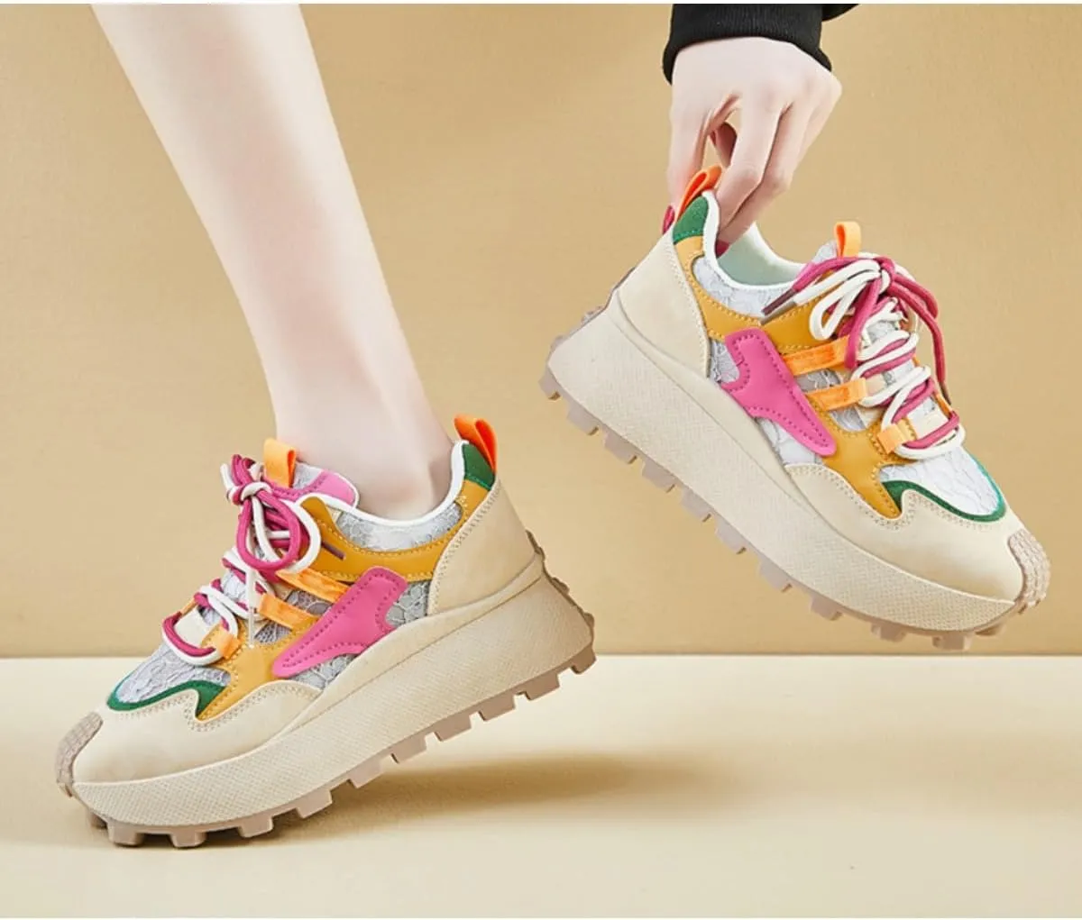 Women's Colorful Chunky Dad Sneakers Y2K Platform Trail Runners with Lace Detail & Two-Tone Shoelaces Harajuku Fashion Multi-Color Retro Streetwear Shoes