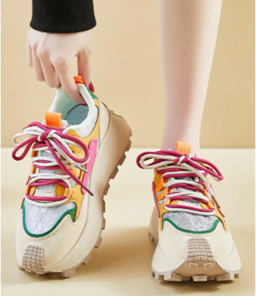 Women's Colorful Chunky Dad Sneakers Y2K Platform Trail Runners with Lace Detail & Two-Tone Shoelaces Harajuku Fashion Multi-Color Retro Streetwear Shoes