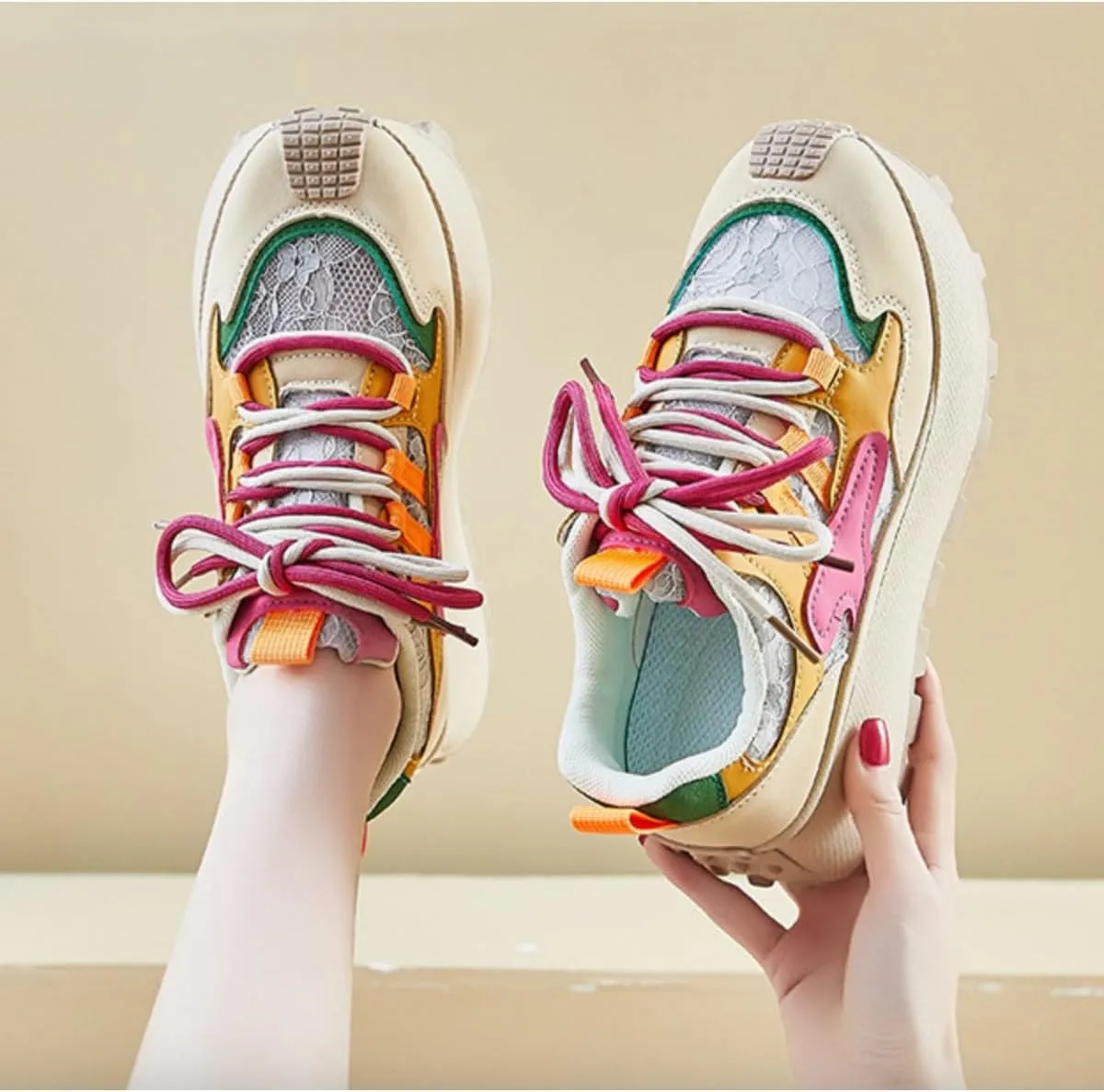 Women's Colorful Chunky Dad Sneakers Y2K Platform Trail Runners with Lace Detail & Two-Tone Shoelaces Harajuku Fashion Multi-Color Retro Streetwear Shoes