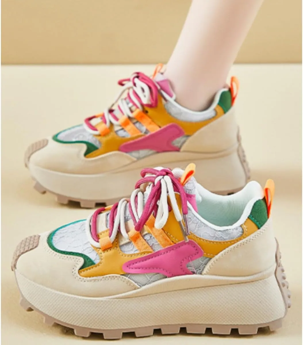 Women's Colorful Chunky Dad Sneakers Y2K Platform Trail Runners with Lace Detail & Two-Tone Shoelaces Harajuku Fashion Multi-Color Retro Streetwear Shoes