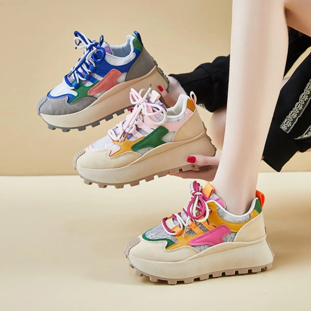 Women's Colorful Chunky Dad Sneakers Y2K Platform Trail Runners with Lace Detail & Two-Tone Shoelaces Harajuku Fashion Multi-Color Retro Streetwear Shoes