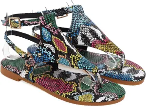 Women's Colorful Snakeskin Sandals with Adjustable Strap Casual Summer Beach T-Strap Flats Vintage Sandal Footwear