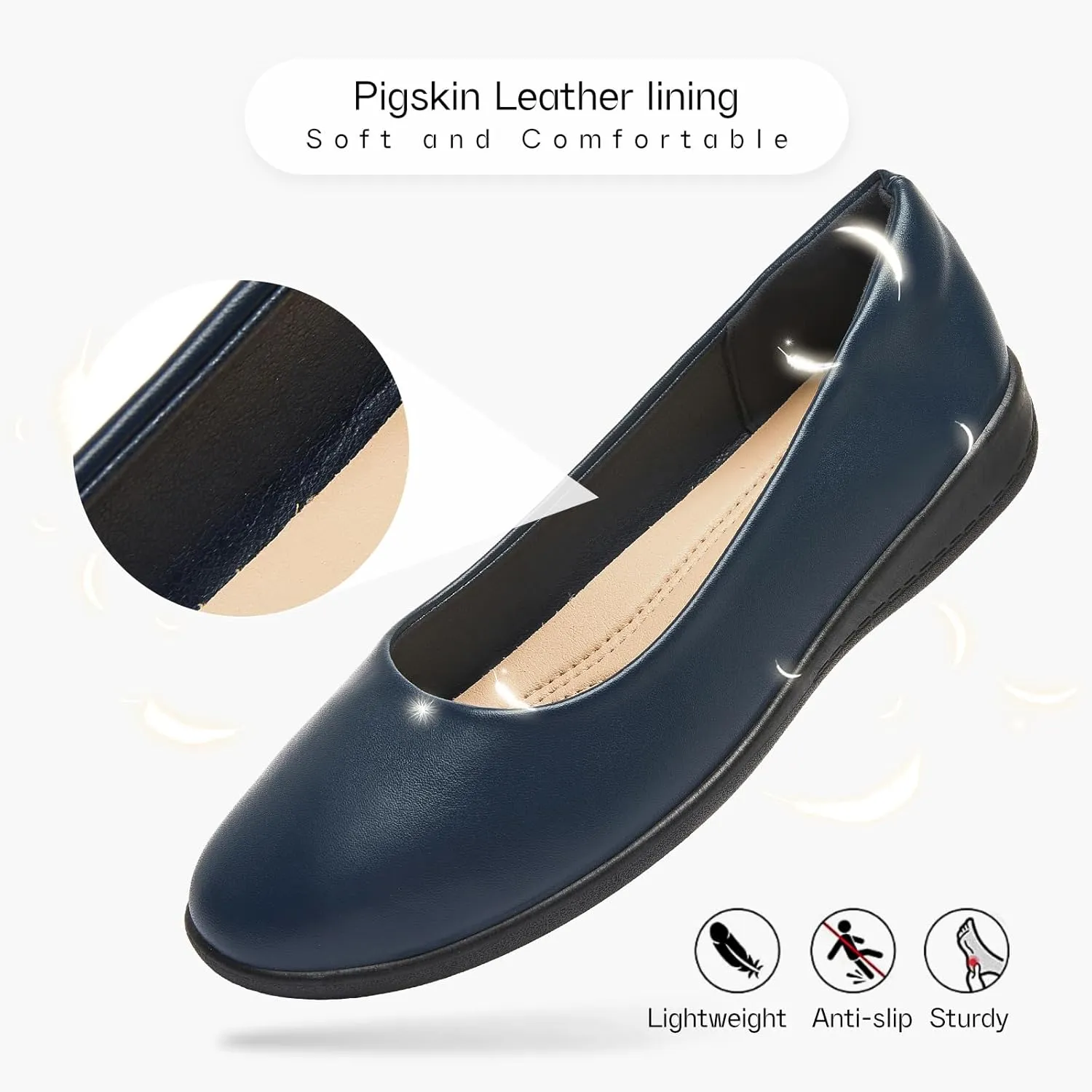Women's Comfortable Black Leather Dress Ballerina Flats for Office and Work